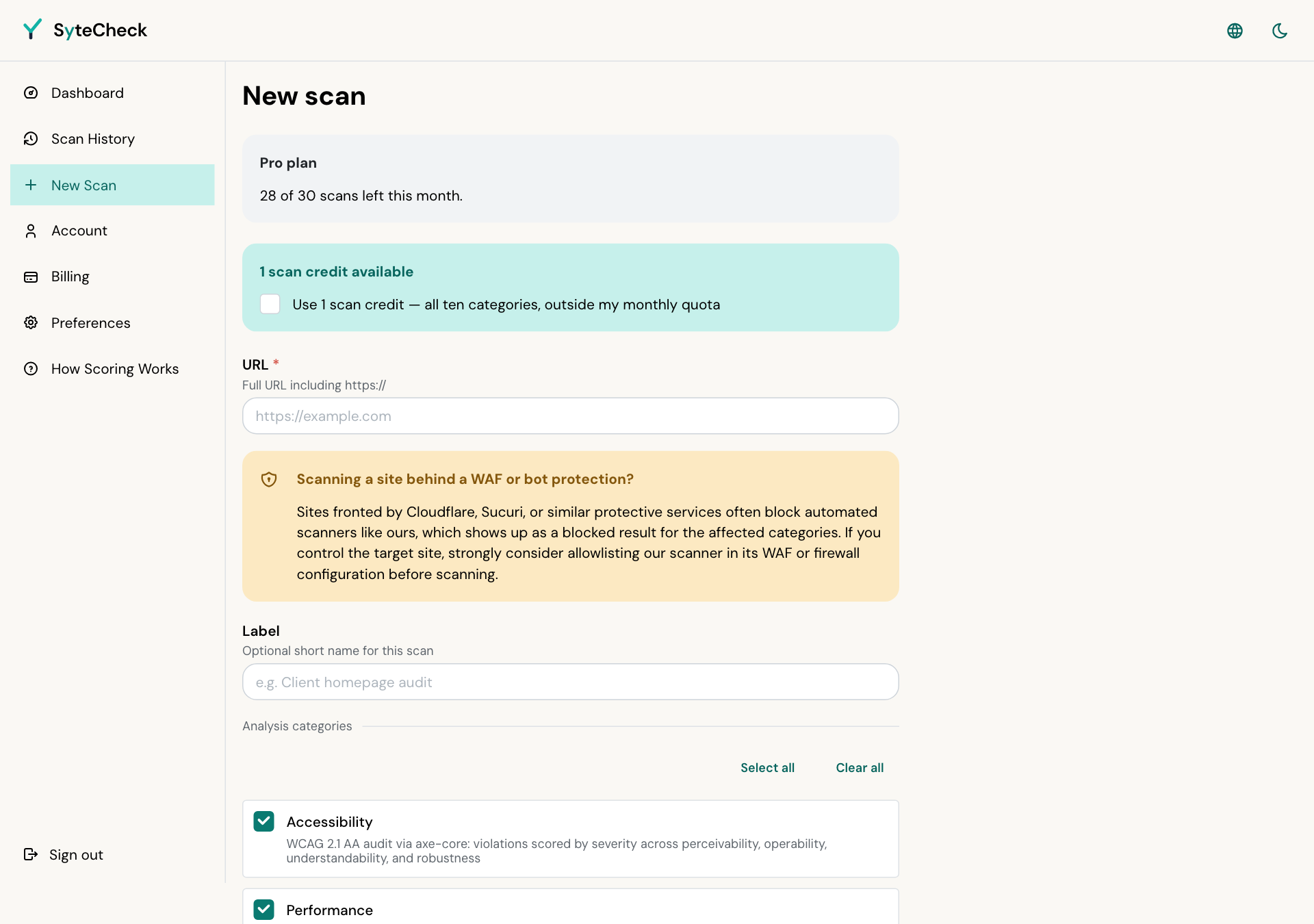 SyteCheck's new-scan form: a field for the web address and checkboxes for each analysis category.