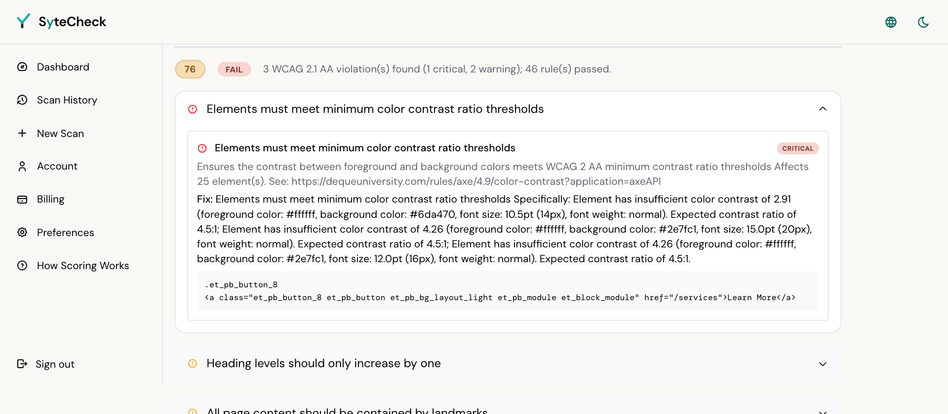 A single SyteCheck finding, showing what the problem is, why it matters, and the specific change that fixes it.