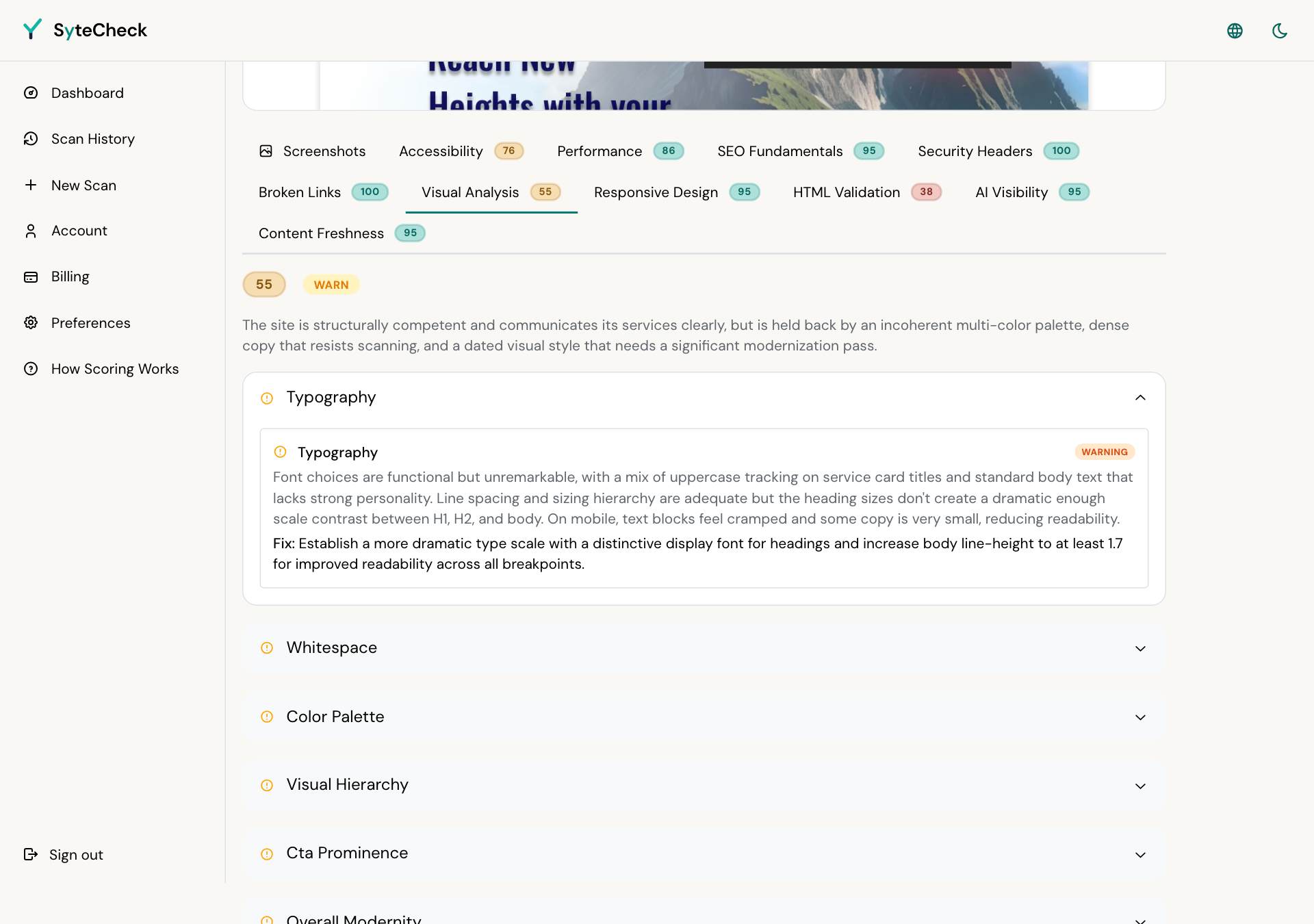 SyteCheck's visual analysis, scoring a page's typography, whitespace, colour palette, visual hierarchy, and how clearly its main call to action stands out.